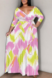 Brown Geometric Print V Neck 3/4 Sleeve Lace Up Casual Outings Plus Size Straight Loose Maxi Dress