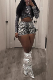 Grey Leopard Print O Neck Long Sleeve Crop Tops And Shorts Two Pieces Shorts Sets
