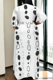 Brown Geometric Print V Neck 3/4 Sleeve Lace Up Casual Outings Plus Size Straight Loose Maxi Dress