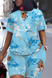 Black Blue Graphcis Print Round Neck Short Sleeve Oversize T-shirt And Shorts Casual Two Pieces Matching Sets
