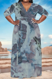 Grey Floral Print V Neck Half Sleeve Floor Length With Belt Strap Design Vacation Casual Plus Size A Line Maxi Dresses