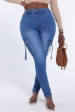 Blue Casual Mid Waist Pocket Distressed Skinny Cargo Denim Jeans