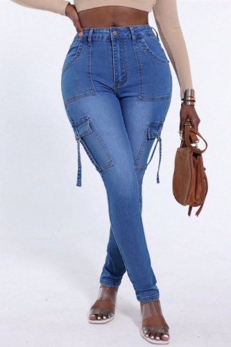 Blue Casual Mid Waist Pocket Distressed Skinny Cargo Denim Jeans