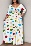 Brown Geometric Print V Neck 3/4 Sleeve Lace Up Casual Outings Plus Size Straight Loose Maxi Dress