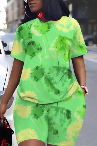 Green Floral Print Round Neck Short Sleeve Oversize T-shirt And Shorts Casual Two Pieces Matching Sets