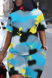 Black Blue Graphcis Print Round Neck Short Sleeve Oversize T-shirt And Shorts Casual Two Pieces Matching Sets