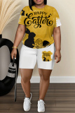 White Cartoon Print Round Neck Short Sleeve Oversize T-shirt And Shorts Casual Two Pieces Matching Sets