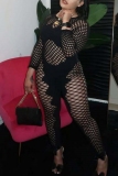 Black Fishnet O Neck Long Sleeve Cut-Out Sheer Mesh Night Club Skinny Jumpsuits