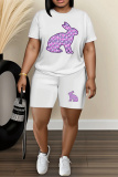 White Cartoon Print Round Neck Short Sleeve Oversize T-shirt And Shorts Casual Two Pieces Matching Sets