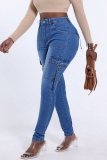 Blue Casual Mid Waist Pocket Distressed Skinny Cargo Denim Jeans