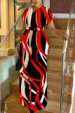 Red Purple Letter Print V Neck Short Sleeve Casual Vacation Wide Leg Jumpsuits