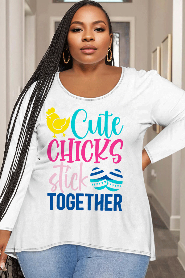 Color Letter Cartoon Print O Neck Long Sleeve Casual Graphic T-Shirt