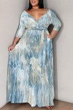 Brown Geometric Print V Neck 3/4 Sleeve Lace Up Casual Outings Plus Size Straight Loose Maxi Dress