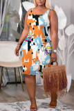 White Khaki Graphics Print U Neck Sleeveless Bodycorn Outing Vacation Midi Vest Dresses