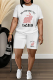 White Cartoon Print Round Neck Short Sleeve Oversize T-shirt And Shorts Casual Two Pieces Matching Sets