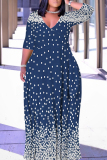 Brown Geometric Print V Neck 3/4 Sleeve Lace Up Casual Outings Plus Size Straight Loose Maxi Dress