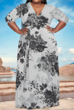 Grey Floral Print V Neck Half Sleeve Floor Length With Belt Strap Design Vacation Casual Plus Size A Line Maxi Dresses