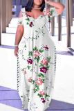 White Floral Print V Neck Cold Shoulder Hollow Out Casual Loose Plus Size Maxi Dresses