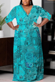 Grey Floral Print V Neck Half Sleeve Floor Length With Belt Strap Design Vacation Casual Plus Size A Line Maxi Dresses