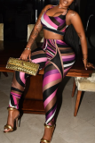 Purple Abstract Print U Neck Sleeveless Tank Crop Top and Skinny Pants Casual Two Pieces Trouser Sets