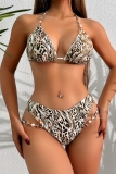 Leopard Print Metal Accessories Trim Backless Sleeveless Lace Up Bra And Mini Shorts Bikini Sets Beach Vacation Swimwears(With Paddings)