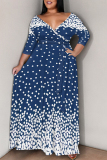 Brown Geometric Print V Neck 3/4 Sleeve Lace Up Casual Outings Plus Size Straight Loose Maxi Dress