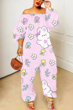 Light Blue Floral Cartoon Print Off Shoulder Long Sleeve Casual Vacation Harem Leg Jumpsuits