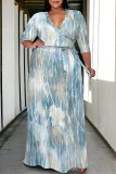 Brown Geometric Print V Neck 3/4 Sleeve Lace Up Casual Outings Plus Size Straight Loose Maxi Dress