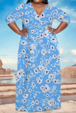 Grey Floral Print V Neck Half Sleeve Floor Length With Belt Strap Design Vacation Casual Plus Size A Line Maxi Dresses