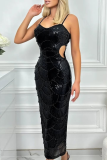 Black Hot Drill Sleevelss Spaghetti Strap Cut-Out Waist Slit Formal Evening Party Prom Bodycon Maxi Slip Dresses