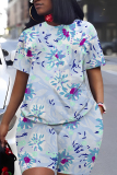 Green Floral Print Round Neck Short Sleeve Oversize T-shirt And Shorts Casual Two Pieces Matching Sets