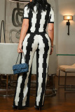 Black White Graphics Print O Neck Short Sleeve T-shirt And Pants Vacation Casual Two Pieces Trouser Sets