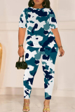 Lake Blue Graphics Print O Neck Short Sleeve T-shirt And Skinny Pants Casual Two Pieces Trouser Sets