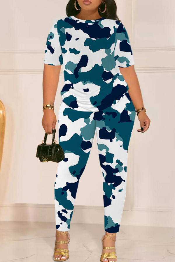 Lake Blue Graphics Print O Neck Short Sleeve T-shirt And Skinny Pants Casual Two Pieces Trouser Sets