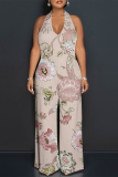 Light Pink Floral Print Lace Up Sleeveless Backless Loose Straight Leg Halter Jumpsuits