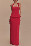 Red Backless Sleeveless Halter Tops And Maxi Skirt Formal Evening Party Prom Two Pieces Dress Sets