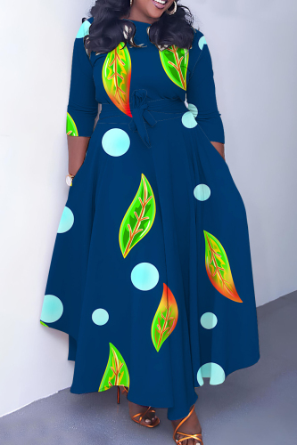 Royal Blue Graphics Print O Neck 3/4 Sleeve Belted Pockets Long Vacation Casual Pleated A Line Maxi Dresses
