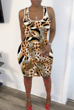 Brown Graphics Print Sleeveless U Neck Casual Outing Plus Size Bodycon Midi Vest Dresses