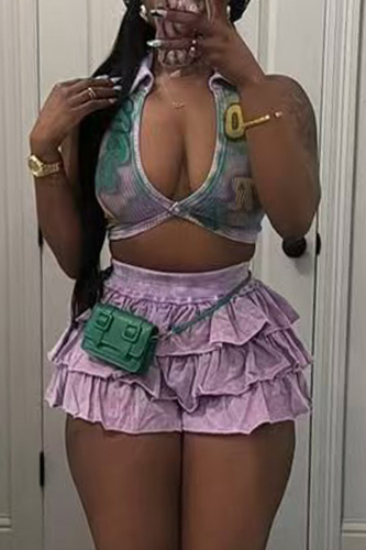 Light Purple Graphics Print Turndown Collar Sleeveless Crop Tops And Ruffle Hem Shorts Vacation Casual Two Pieces Shorts Sets