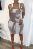 Brown Graphics Print Sleeveless U Neck Casual Outing Plus Size Bodycon Midi Vest Dresses