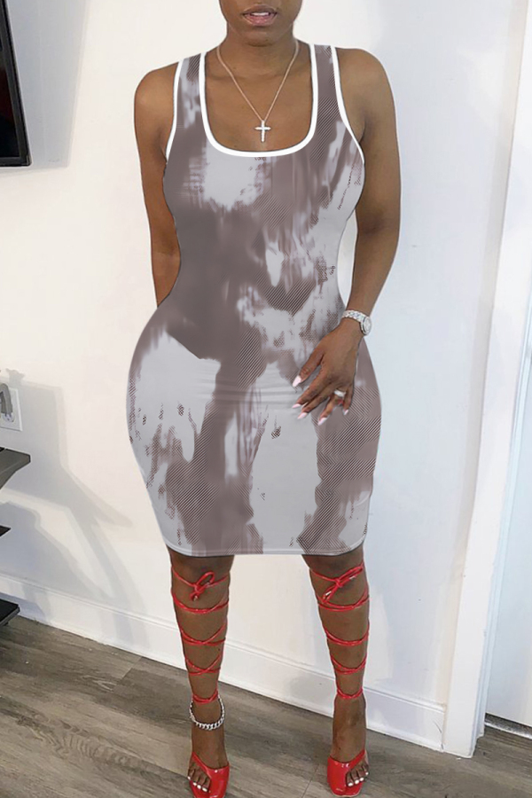 Brown Graphics Print Sleeveless U Neck Casual Outing Plus Size Bodycon Midi Vest Dresses