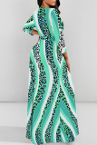 Orange Leopard Striped Print O Neck Long Sleeve Belt Loose Vacation A Line Maxi Swing Dresses