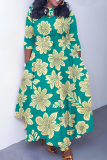 Dark Green Floral Print O Neck 3/4 Sleeve Belted Pockets Long Vacation Casual Pleated A Line Maxi Dresses