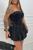 Black Sequins Backless Strapless Sleeveless Formal Evening Party Prom Pleated Tube Mini Dresses