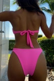 Pink Flower embellishment Sleeveless Backless Lace Up Bra and Mini Shorts Bikini Sets Beach Vacation Swimwears(With Paddings)
