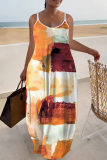 White Blue Graphics Print Backless Spaghetti Strap Sleeveless Vacation Loose Long Maxi Slip Dresses