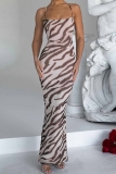 Zebra Print Sleeveless Backless Cross Straps Spaghetti Strap Vacation Bodycon Maxi Dresses