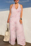 Light Pink Floral Print Lace Up Sleeveless Backless Loose Straight Leg Halter Jumpsuits