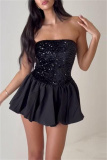 Black Sequins Backless Strapless Sleeveless Formal Evening Party Prom Pleated Tube Mini Dresses