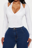 Pink Deep V Neck Long Sleeve Slim Fit Crop Tops